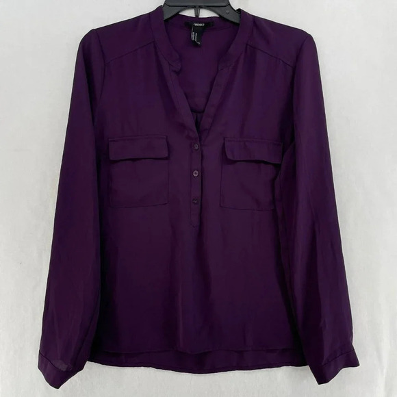 Forever 21 Button-Up Shirt Women's Sz M Purple Collared Long Sleeve Two Pockets - Picture 1 of 12